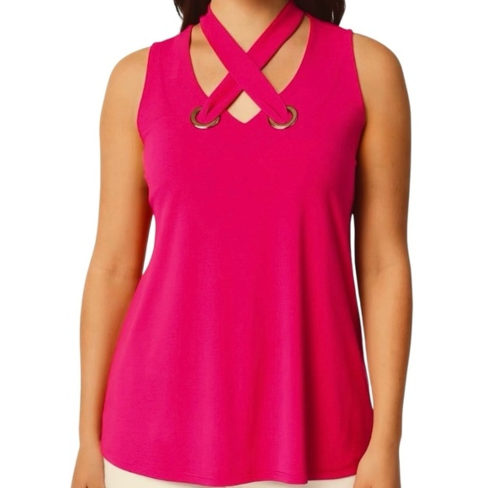 Nine West Women's Pink Halter Strappy Criss Cross Neck Sleeveless Stretch Top M